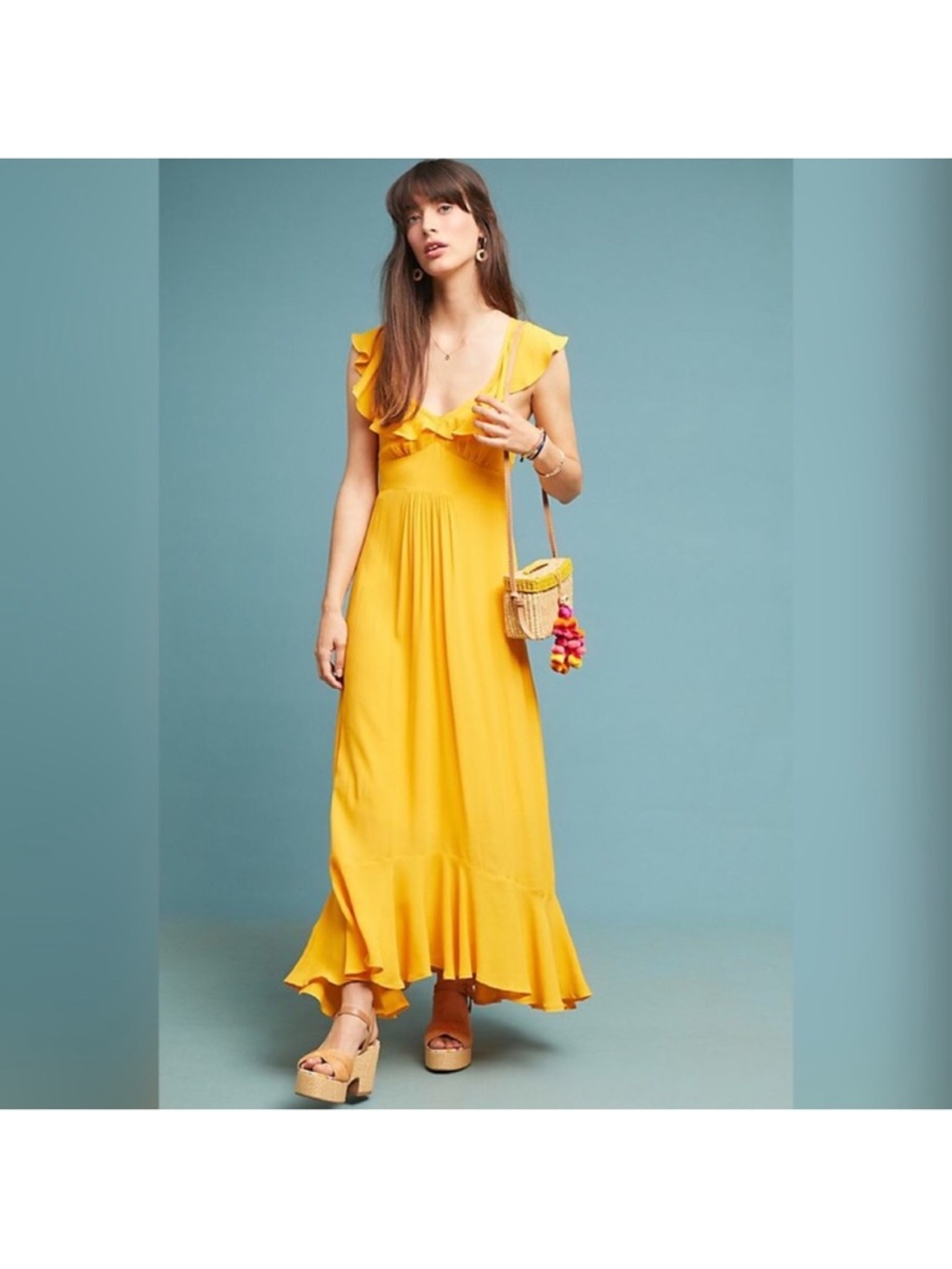 Larke yellow ruffle midi dress